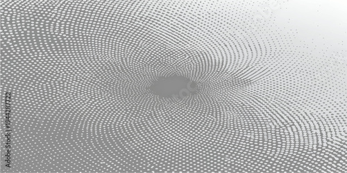 3D geometric illustration of a spiral black hole tunnel in the sand with a gray metal texture and circular wave lines on a black and white art backdrop