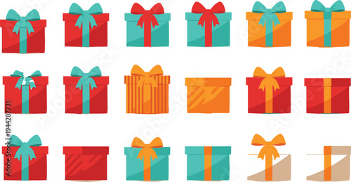 Set of Colorful Gift Boxes with Ribbons and Bows in Various Stages of Being Opened for Holiday and Birthday Celebrations