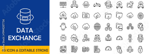 Data Exchange web icons in line style. Traffic, cloud, files, server, technology, collection. Vector illustration. Black and white.