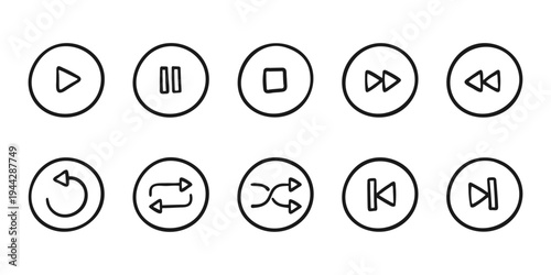 Hand-drawn media player button icon set in doodle style
