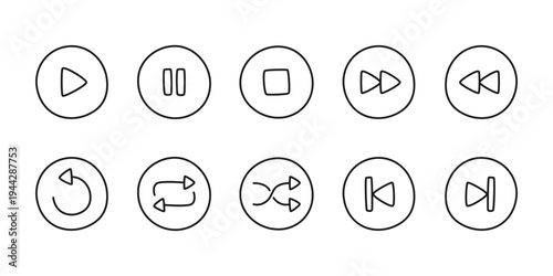 Hand-drawn media player button icon set, play, pause, stop, and navigation symbols