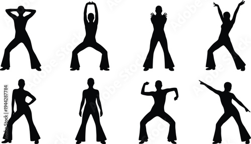 Dancing people silhouettes collection showing energetic dance poses, human movement figures, stylish performer silhouettes isolated on white background
