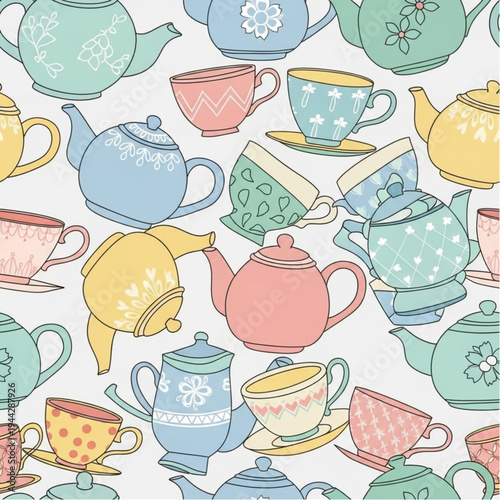 Colorful Teapots and Teacups Pattern Design.