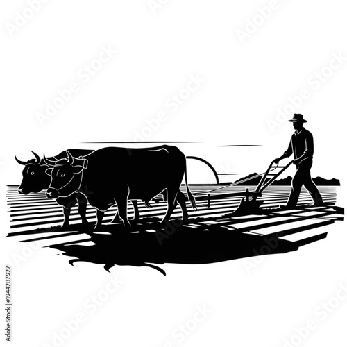 Farmer Plowing Field with Oxen Illustration.