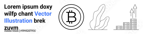 Cryptocurrency, finance, digital economy, blockchain, investing, growth. Bitcoin symbol with organic lines and a bar chart with upward arrows. Cryptocurrency and finance concepts