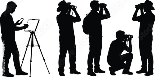 Explorer and birdwatcher silhouettes collection with binoculars, wildlife observer and artist painting on easel outdoor activity figures set