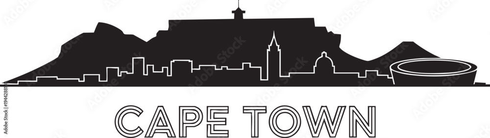 Fototapeta premium Cape town skyline silhouette vector including table mountain and stadium on transparent bg