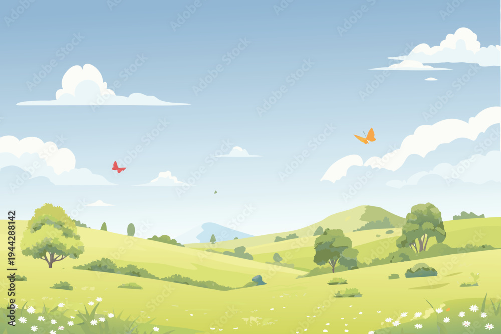 Fototapeta premium Rolling green hills with butterflies and clouds in a cartoon style landscape