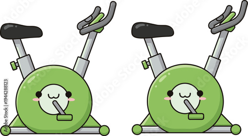 Two Cute Green Kawaii Stationary Exercise Bike Characters with Happy Faces Isolated on White Background for Fitness and Wellness Vector