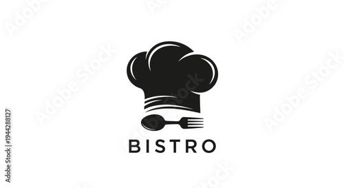 Bistro Logo: Chef Hat, Spoon, Fork, and Text "BISTRO" on White Background