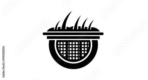 Black and white icon of a drain grate with grass growing through it, representing nature and urban environments.