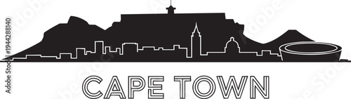 Cape town skyline silhouette vector including table mountain and stadium on transparent bg