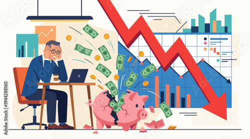 An illustration shows a distressed businessman holding his head in despair as a broken piggy bank spills money amidst a declining financial chart and a large red arrow symbolizing economic loss.
