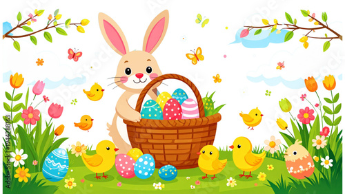 Cute easter bunny characters with eggs basket flowers chicks and spring elements cartoon vector illustration set
