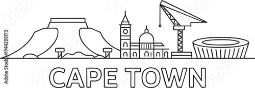 Cape town south africa skyline with famous landmarks and architectural buildings outline illustration