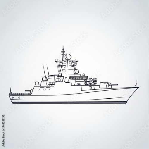 Detailed Black and White Warship Illustration.