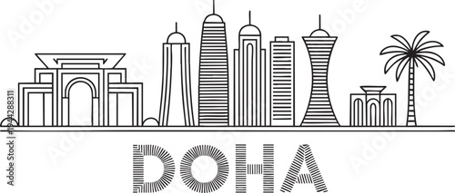 Doha skyline outline cityscape famous landmarks travel destination modern architecture linear vector
