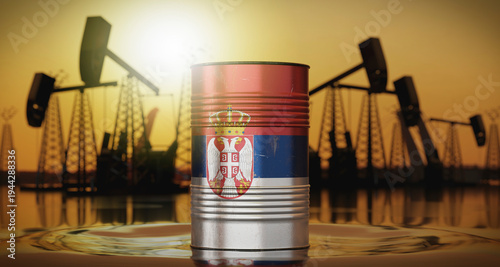 Obraz na plátně Serbia - oil barrel with national flag, extraction wells in background - 3D illu