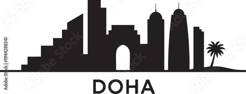 Doha skyline silhouette cityscape iconic buildings travel destination modern architecture black vector