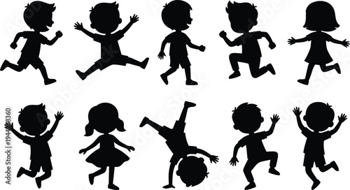 Kids playing silhouettes set with jumping, running and dancing children poses, happy playful kids activity collection