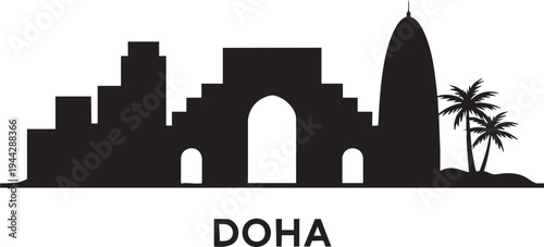 Doha skyline silhouette cityscape iconic buildings travel destination modern architecture black vector