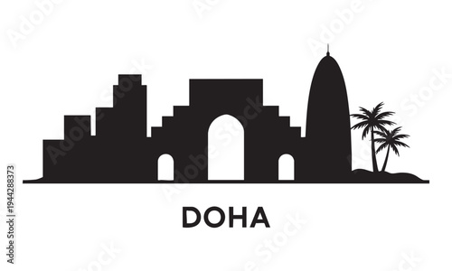 Doha skyline silhouette cityscape iconic buildings travel destination modern architecture black vector