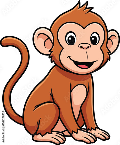A cute cartoon monkey sitting on with a happy expression