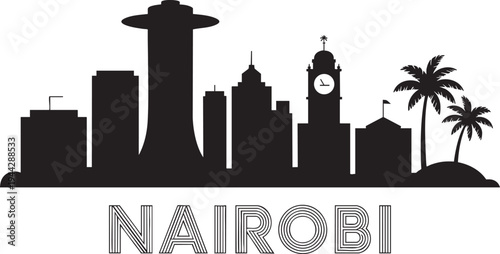 Nairobi city silhouette vector with iconic buildings and palm trees on transparent background
