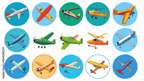 A large collection of various airplane and helicopter icons in different colors and designs, for aviation and transport