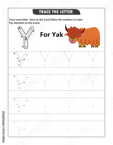 Letter Y Tracing Worksheet for Kids: Uppercase Y Writing Practice with Yak Illustration