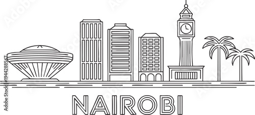 Nairobi skyline outline vector illustration showing kicc and parliament on transparent bg