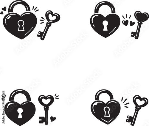 Heart lock and key doodle icon set symbolizing love, romance, trust and commitment vector design.