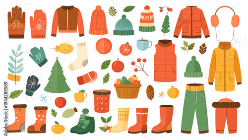  Winter Clothing and Accessories Flat Color Icon Set. Gloves, Sweater, Vest, Jacket, Scarf, Socks, Earmuffs, Boots, Snowsuit, and Hat for Cold