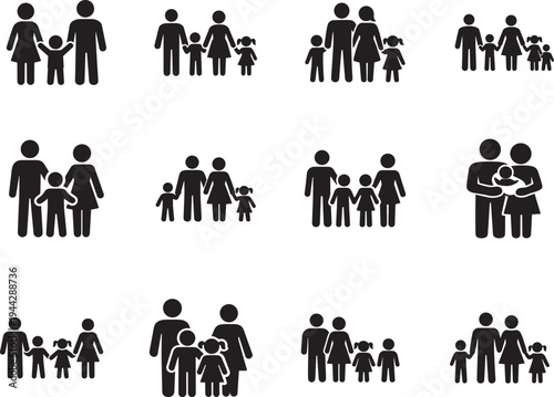 People family pictogram icon set with simple human figures for community, parenting and social web use.