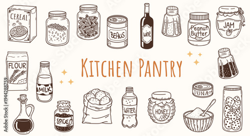 Hand drawn kitchen pantry essentials doodle set. Vector food icons, jars, containers and bottles. Minimalist sketch style grocery elements.
