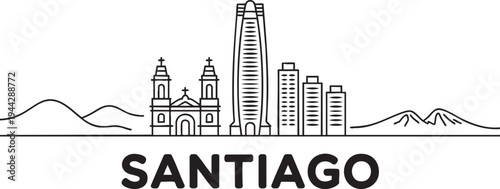 Santiago city line art skyline design featuring historical and modern architecture icons