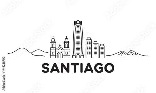 Santiago skyline line art illustration with gran torre santiago and mountain range view