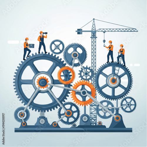 Industrial Workers Assembling Large Gears and Crane.