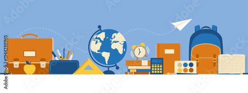 Back to school banner with colorful school supplies