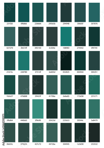 Collection of Dark Green Color Swatches with Hex Codes, Professional Palette of Deep Emerald and Forest Green Shades for Graphic Design and Interior Decor Inspiration, Minimalist Color Guide Asset