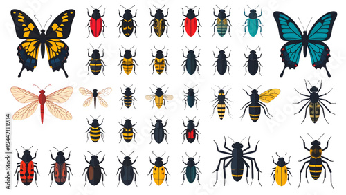  Entomology Icon Collection: A diverse set of colorful flat vector icons featuring various common insects, bugs, and invertebrates like butterflies, beetles, ants, dragonflies, bees, and spiders