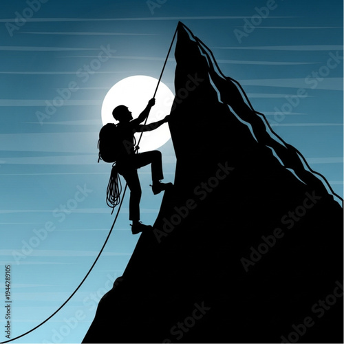 Man Climbs Mountain with Rope and Backpack.