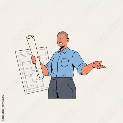 Man Holding Blueprint and Gesturing.