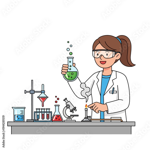 Scientist Woman in Lab Coat Holding Flask with Bubbles, Conducting Experiment