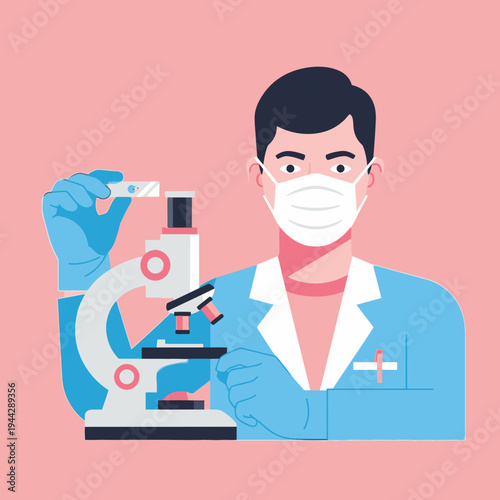 Scientist in mask and gloves with microscope and thermometer, medical research concept
