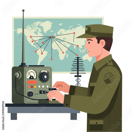 Military Man Operating Radio Communication Device.