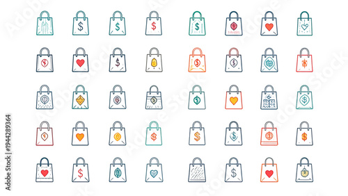  Collection of linear shopping bag icons, various retail and commerce symbols with heart, money, and pattern designs, purchase and sale concept