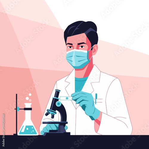 Scientist in mask and lab coat with microscope and slide, conducting research in laboratory