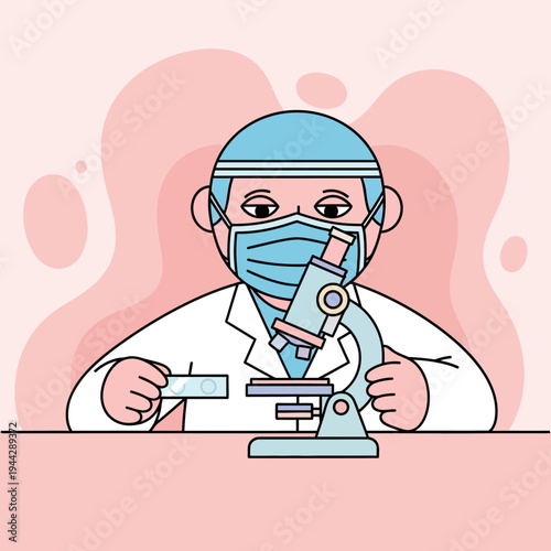 Scientist in mask and lab coat using microscope for research, close-up on pink background