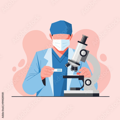 Scientist in mask and lab coat with microscope and sample slide, medical research concept